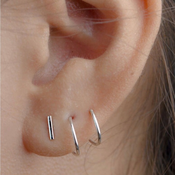 Tiny Solid 14 Karat White Gold Line Earrings Pair with Push Backs - Picture 5 of 5